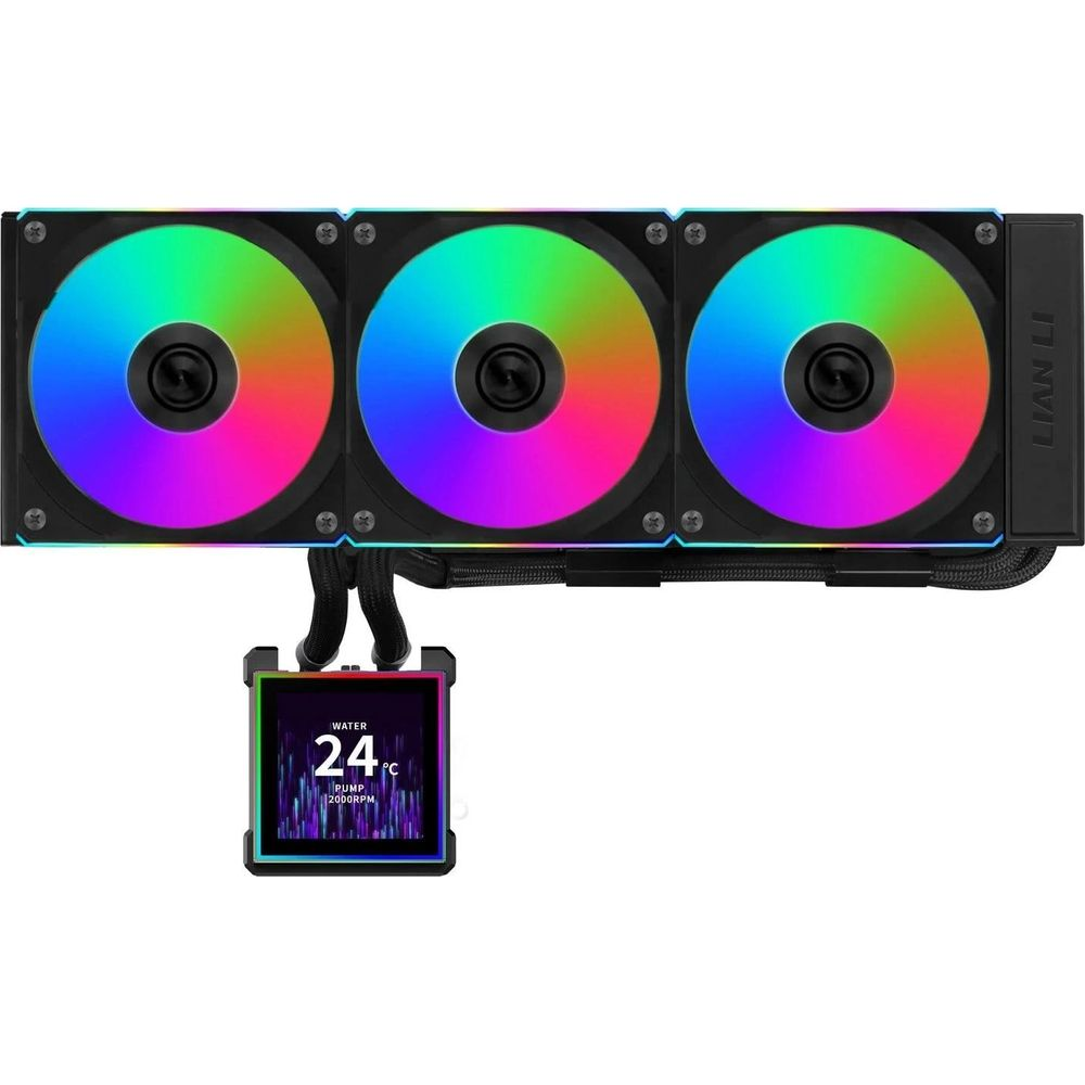Üç RGB fanlı siyah bilgisayar sıvı soğutucu ve 24°C su sıcaklığını gösteren küçük LCD ekran.