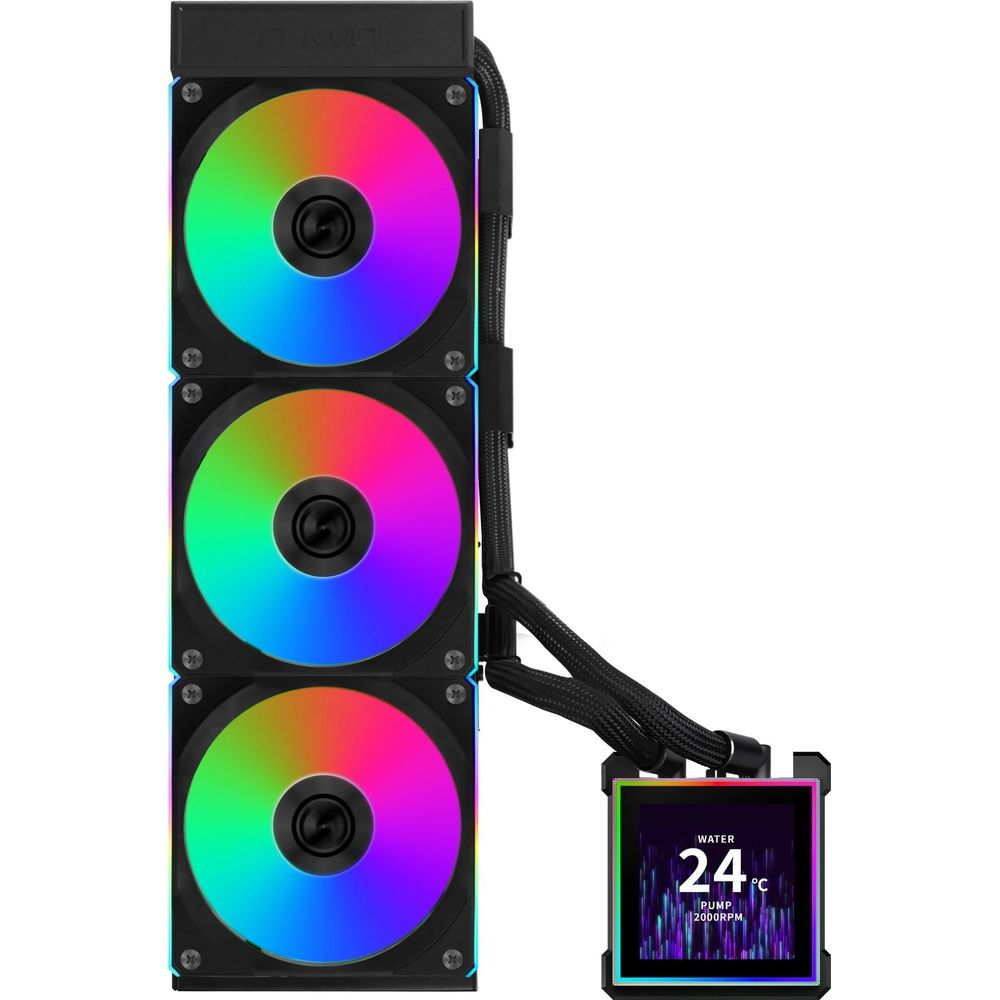 RGB aydınlatmalı ve küçük ekranlı siyah fan yığını.