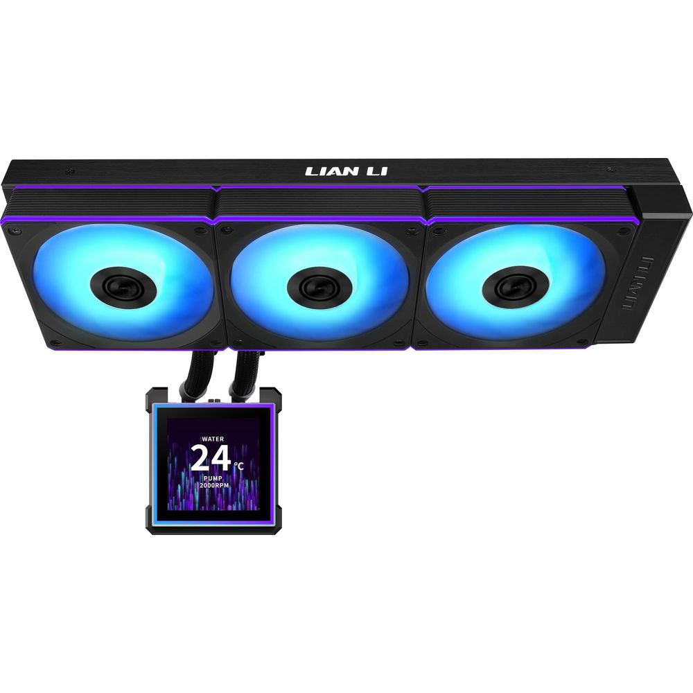 24°C su sıcaklığı gösteren ekranlı, üç mavi RGB fanlı Lian Li AIO soğutucu.