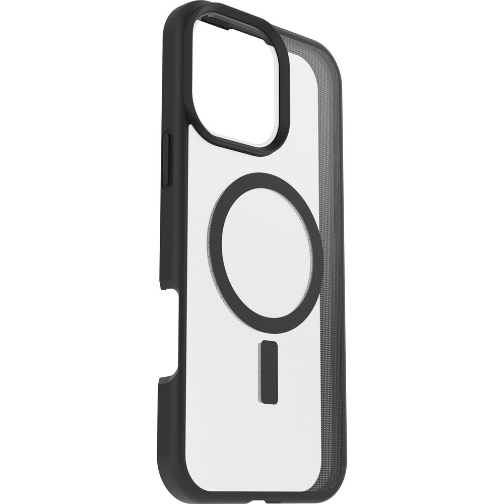 Una cover nera per telefono con retro trasparente e anello magnetico.