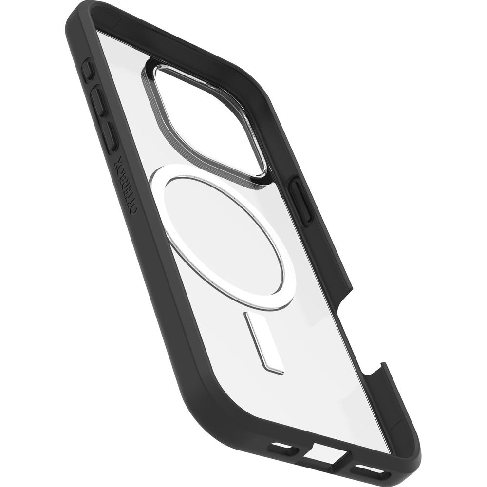 Custodia Otterbox nera con retro trasparente e anello magnetico.