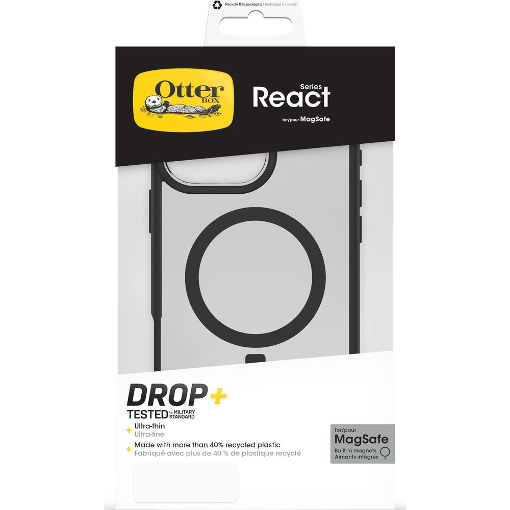 Custodia OtterBox React MagSafe per iPhone, con "DROP+" e info riciclo.