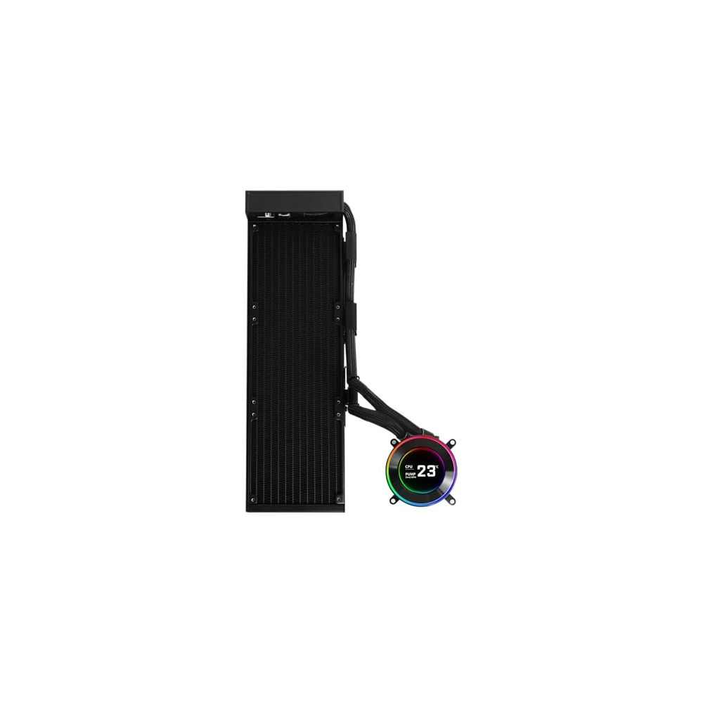 23°C gösteren RGB fanlı siyah CPU soğutucu ve radyatör.