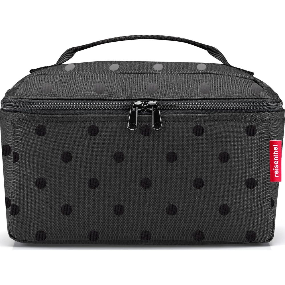 Schwarze Tasche mit Tupfen und Griff.