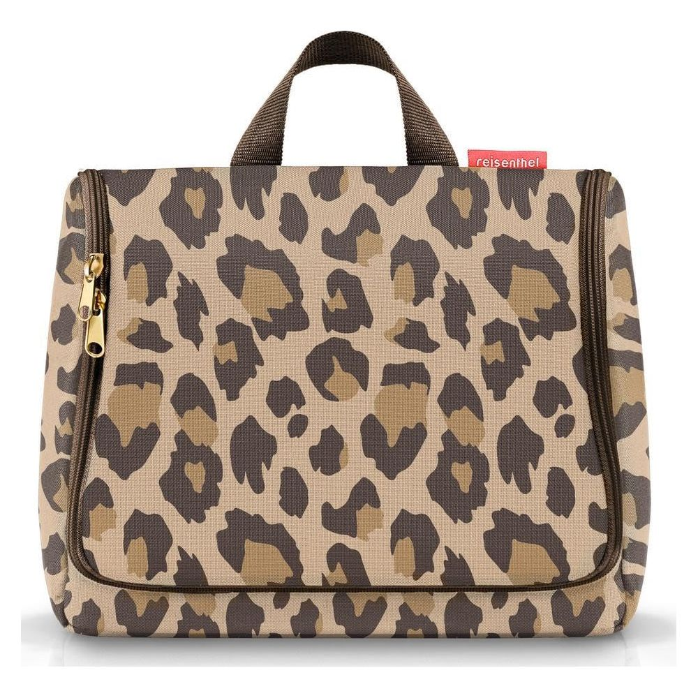 Beauty case marrone con stampa leopardata, cerniera e manico.
