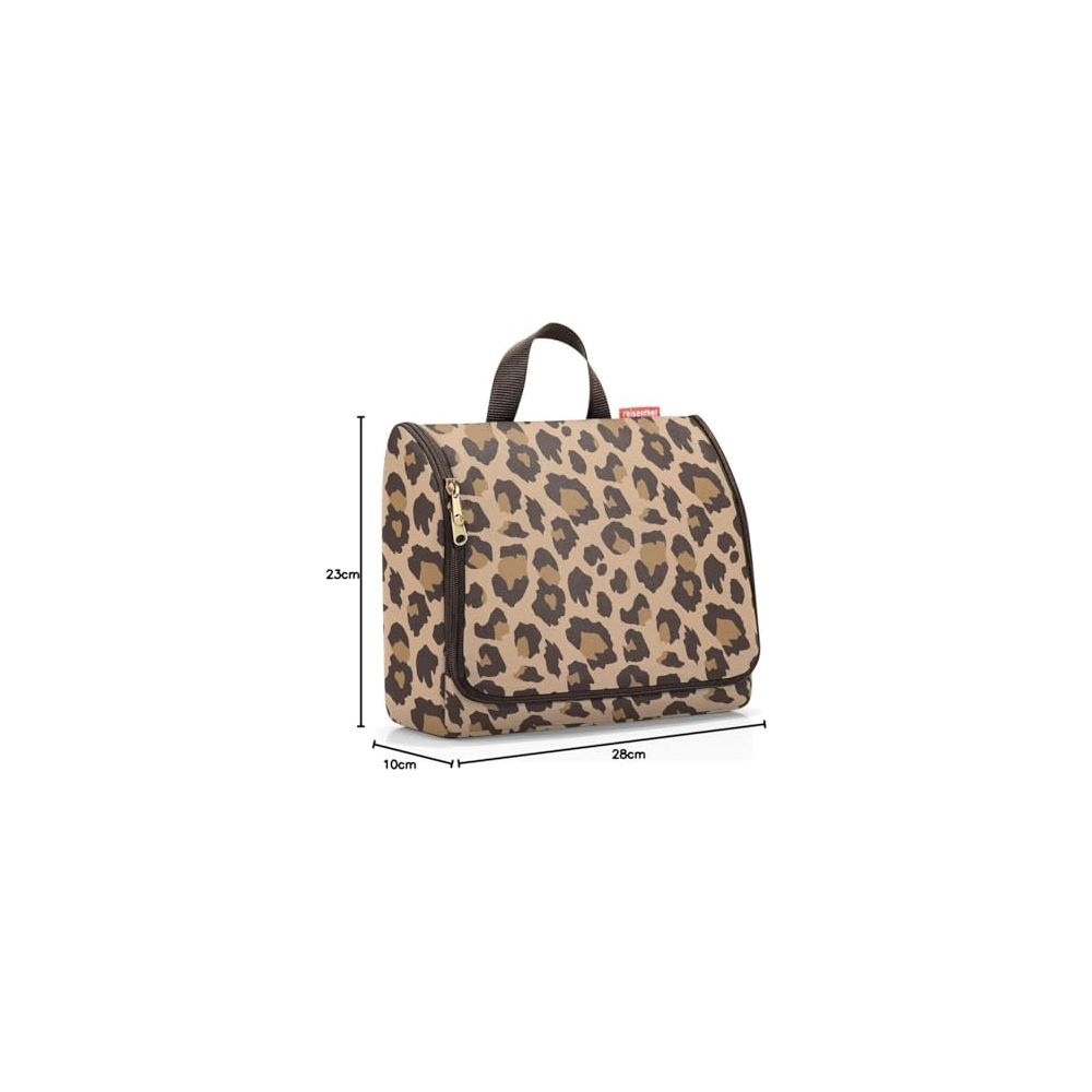 Beauty case beige con stampa leopardata e manico, 28x23x10cm.