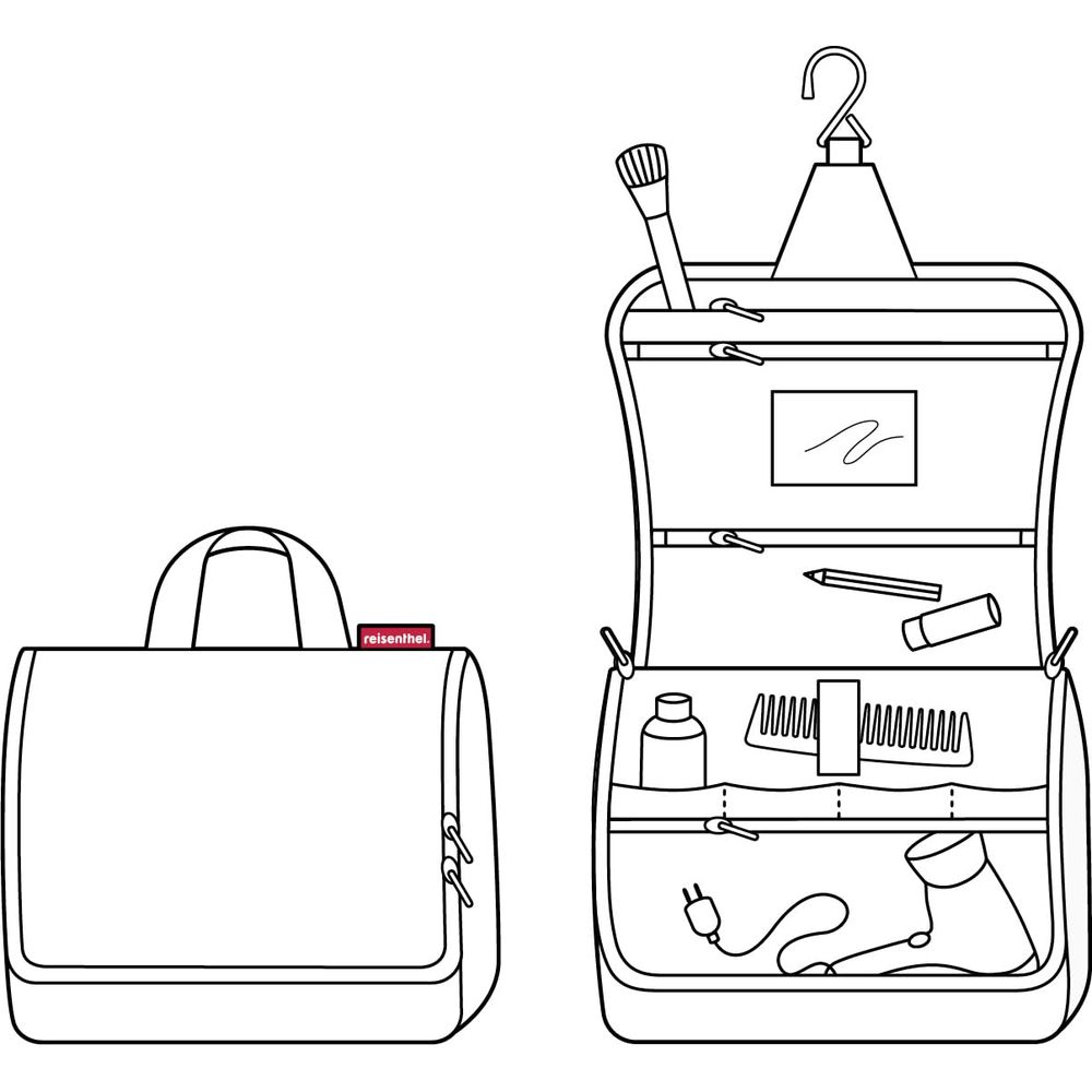 Necessaire chiuso e aperto con accessori: pettine, asciugacapelli e pennello.