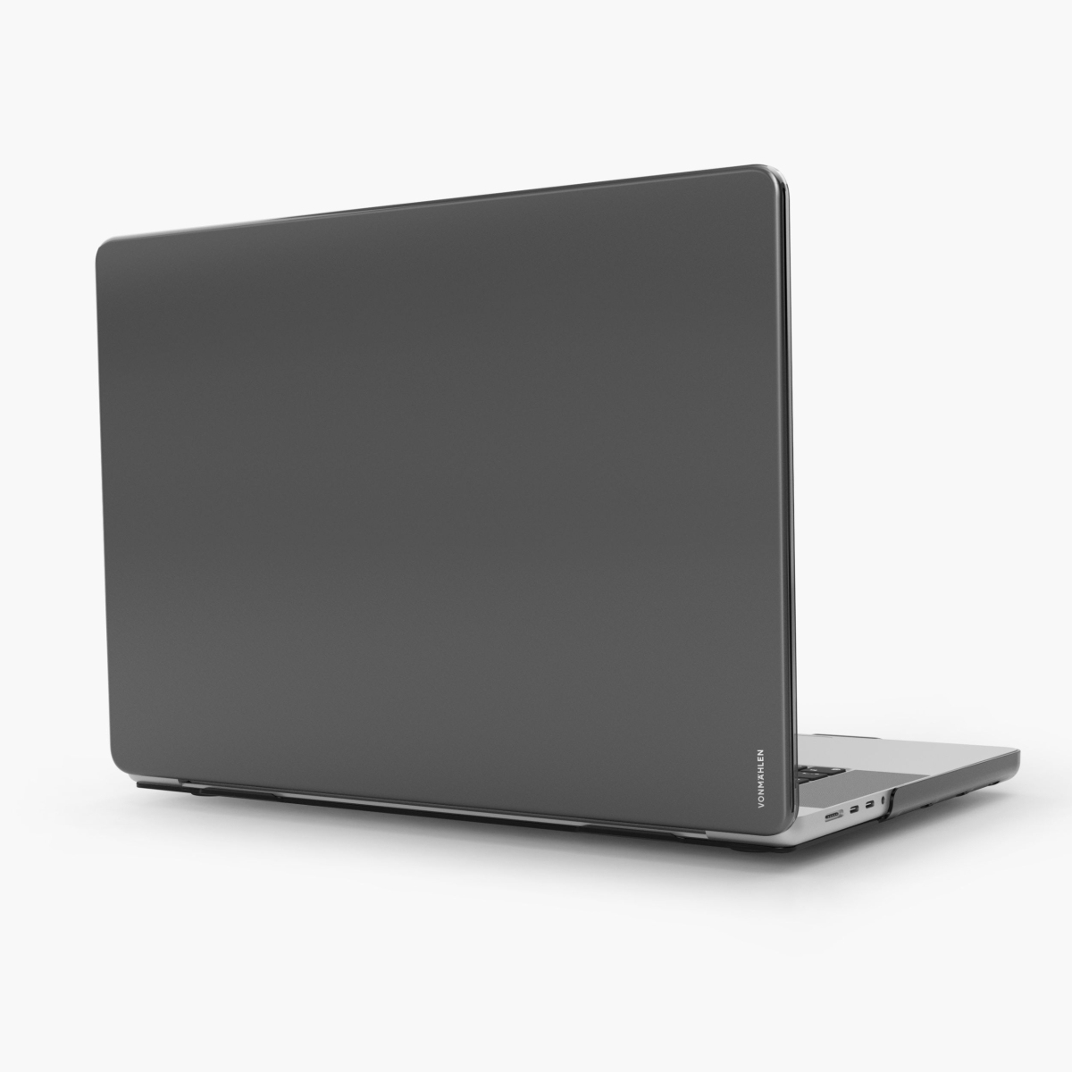 Ein geschlossener, dunkler Laptop mit silbernem Rand auf weißem Hintergrund.