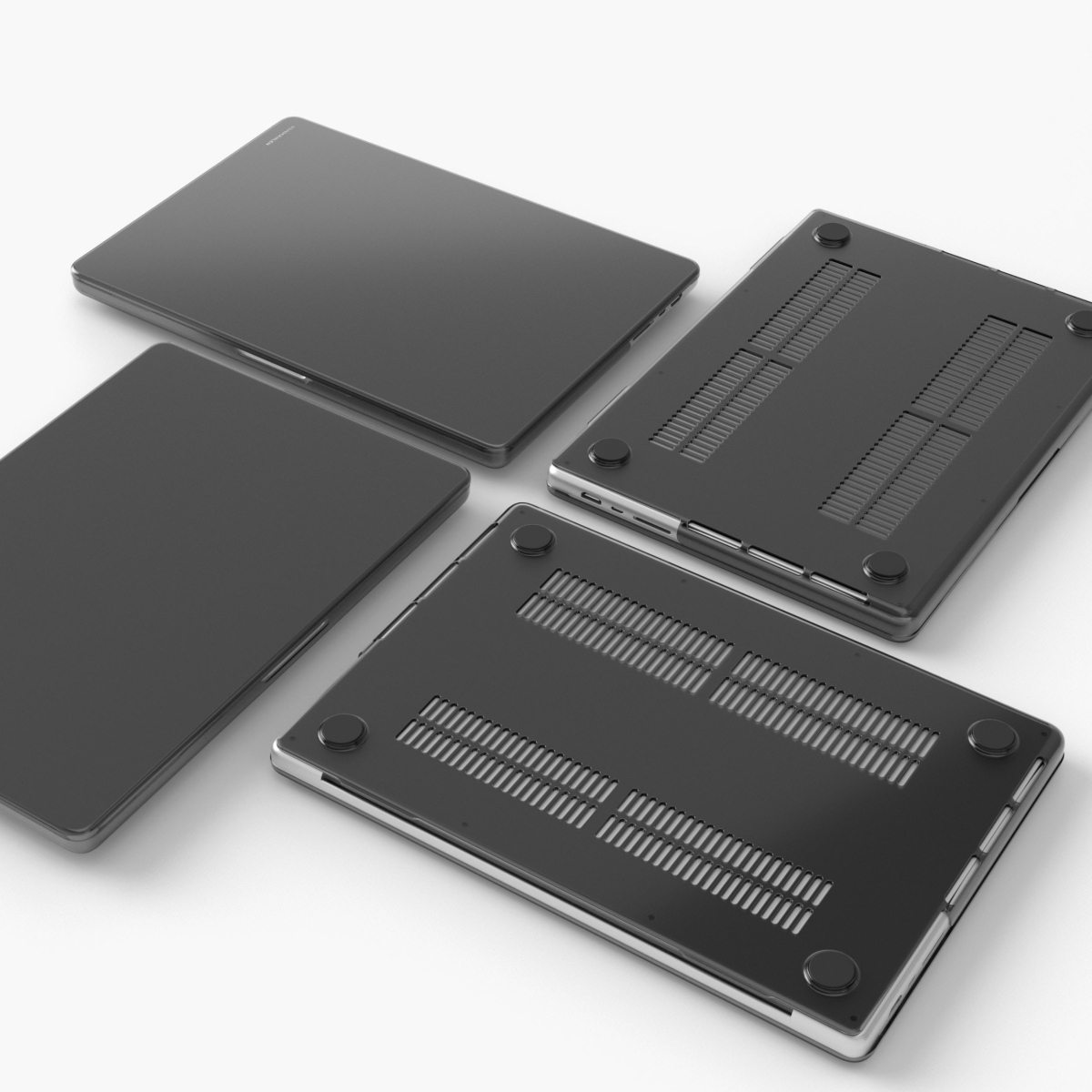 Vier schwarze Laptop-Hüllen liegen auf einem weißen Hintergrund.