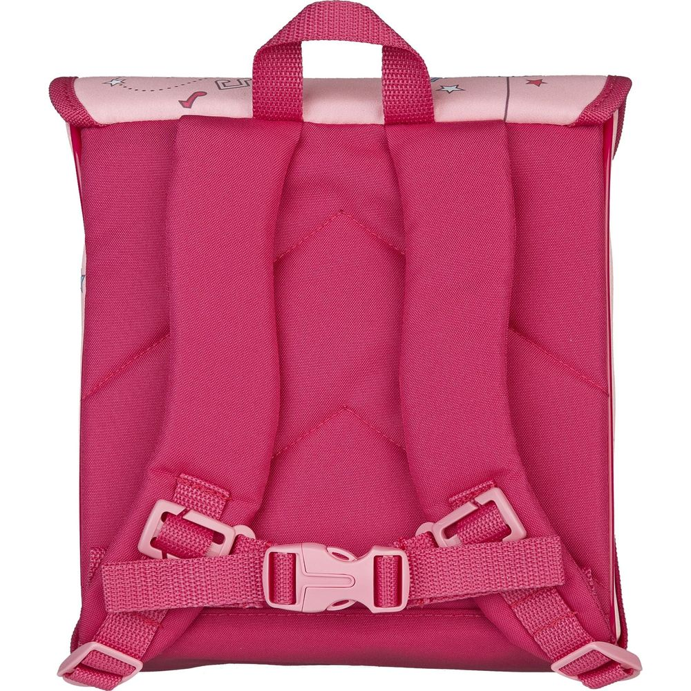 Vista posteriore di uno zaino rosa con spallacci imbottiti e fibbie.