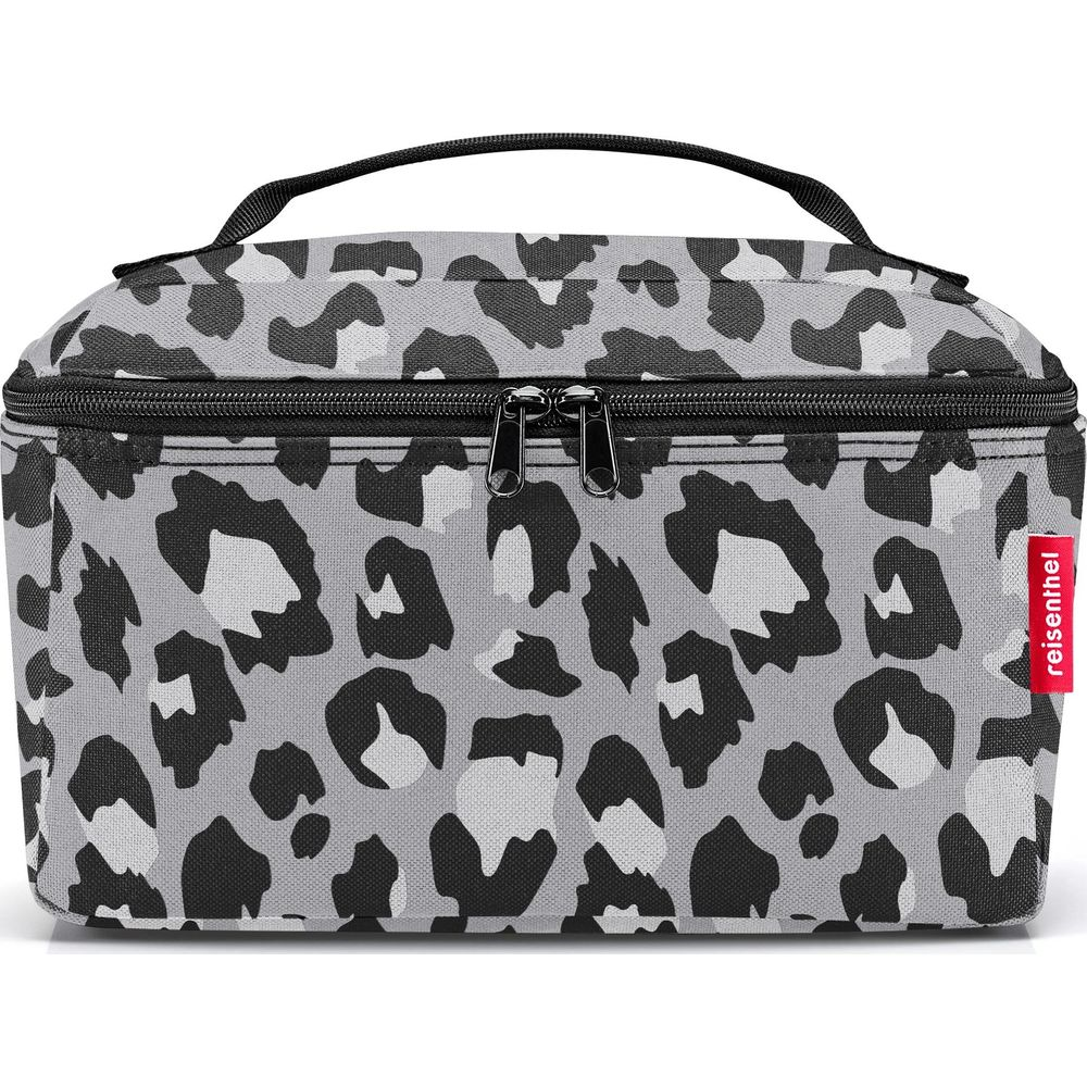 Graue Kosmetiktasche mit Leopardenmuster und schwarzem Reißverschluss.