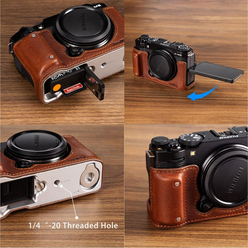 Una custodia in pelle marrone circonda una fotocamera nera con scheda SD e foro filettato.