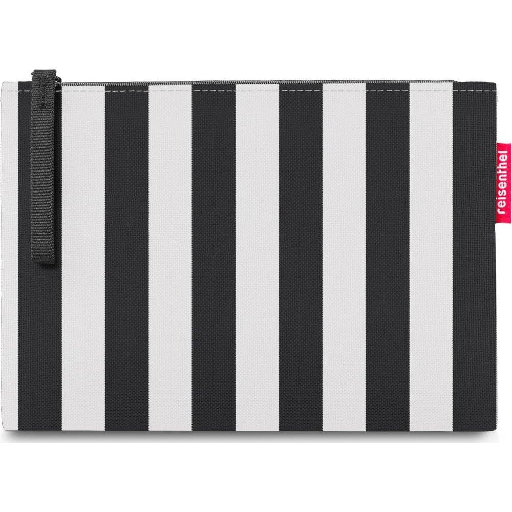Eine schwarze und weiße gestreifte Tasche mit einem Reißverschluss.