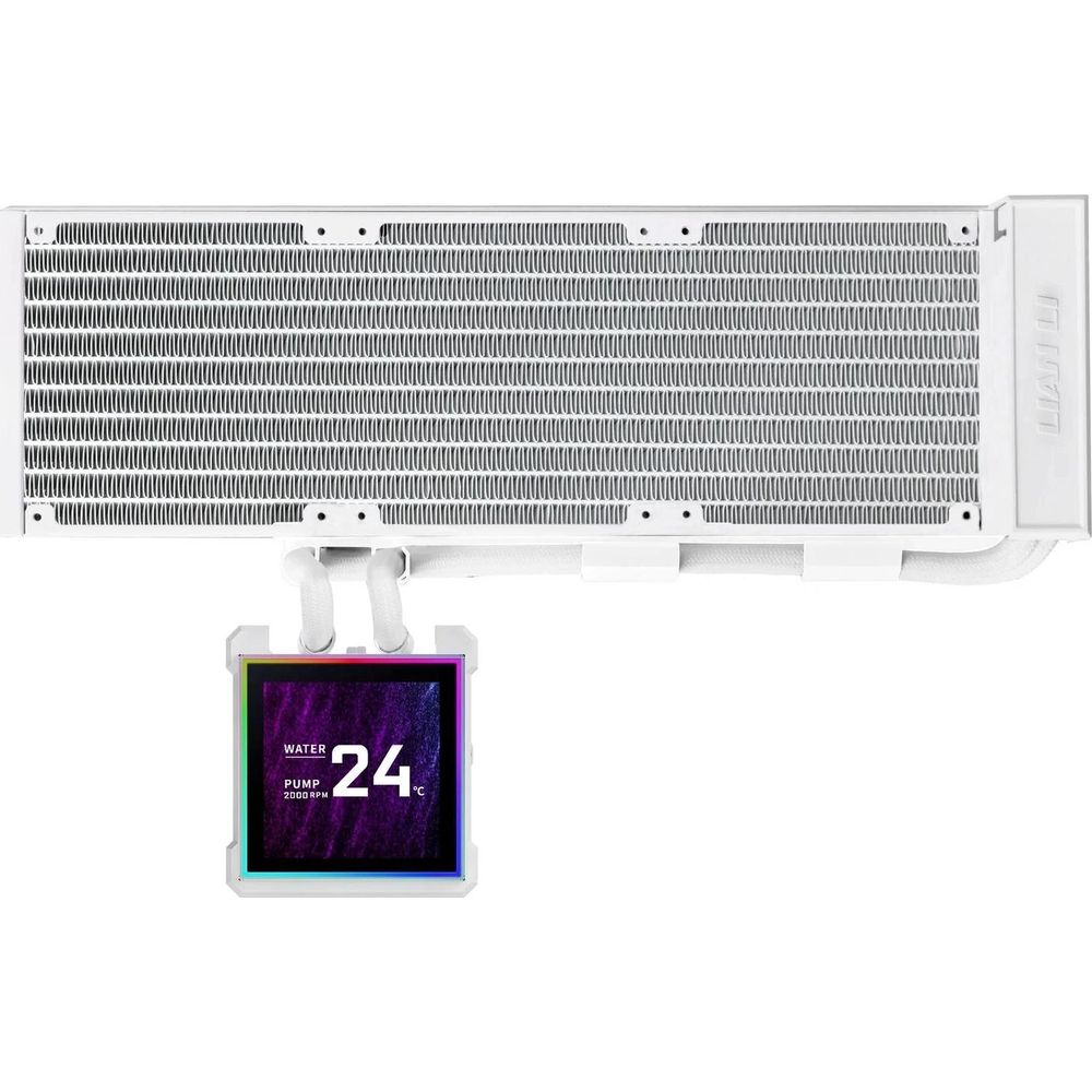 Un dissipatore CPU bianco con ventola e piccolo schermo che mostra la temperatura dell'acqua.