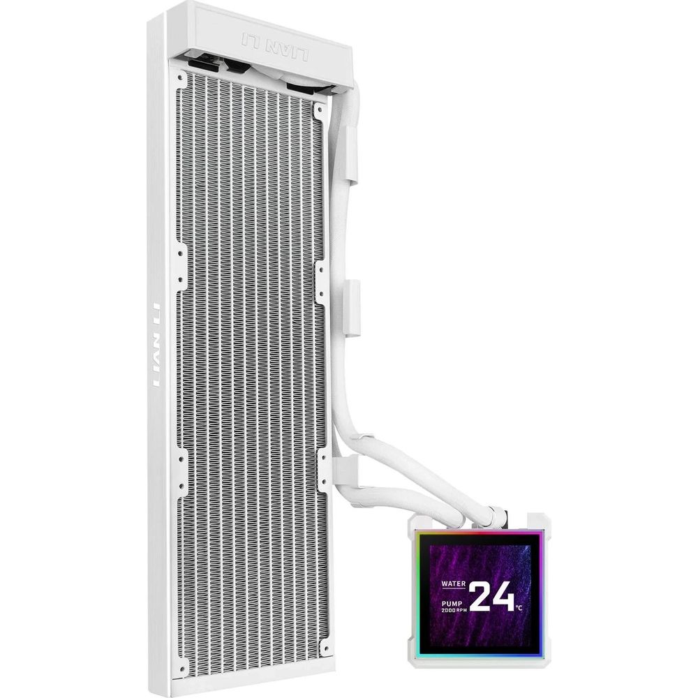Radiatore bianco Lian Li con tubi collegati a uno schermo quadrato che mostra 24 gradi.