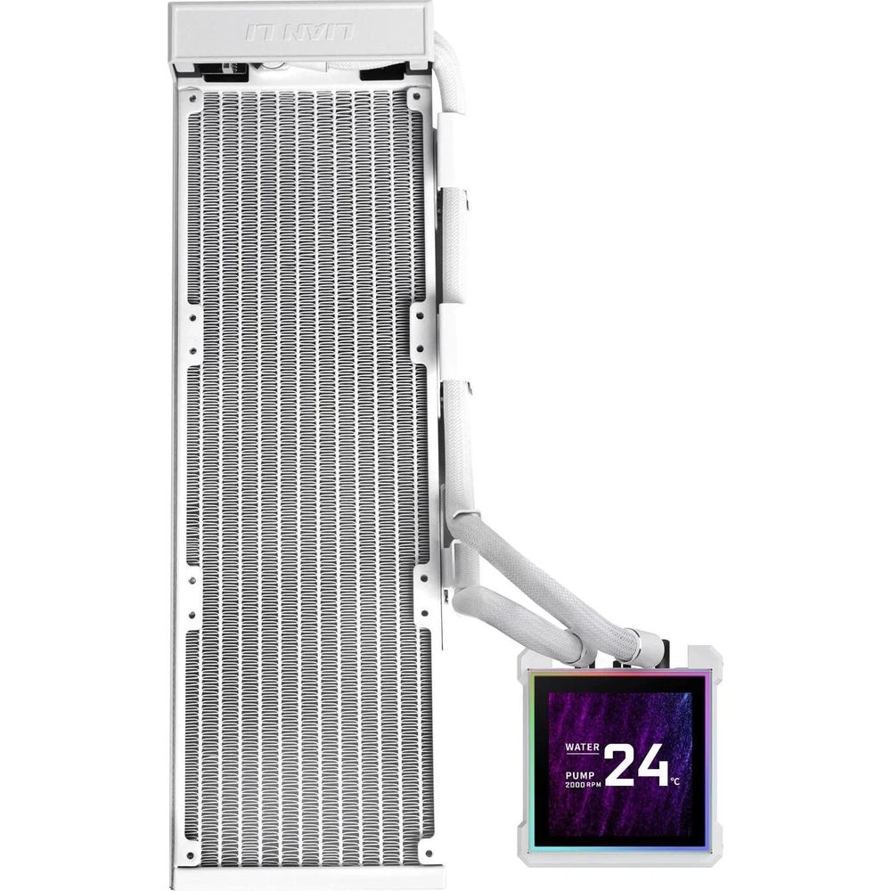 Un water cooler PC bianco con radiatore e display digitale per temperatura acqua e RPM pompa.