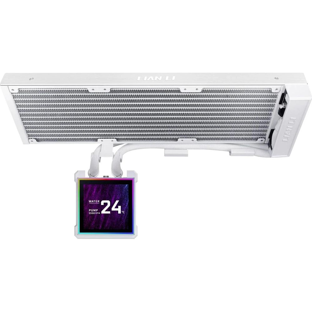 Un dissipatore CPU Lian Li bianco con ventola e display che mostra 24°C.