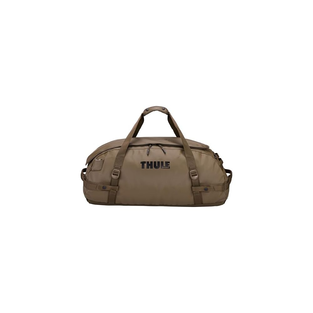 Eine braune Thule Reisetasche mit Tragegriffen und Reißverschluss.