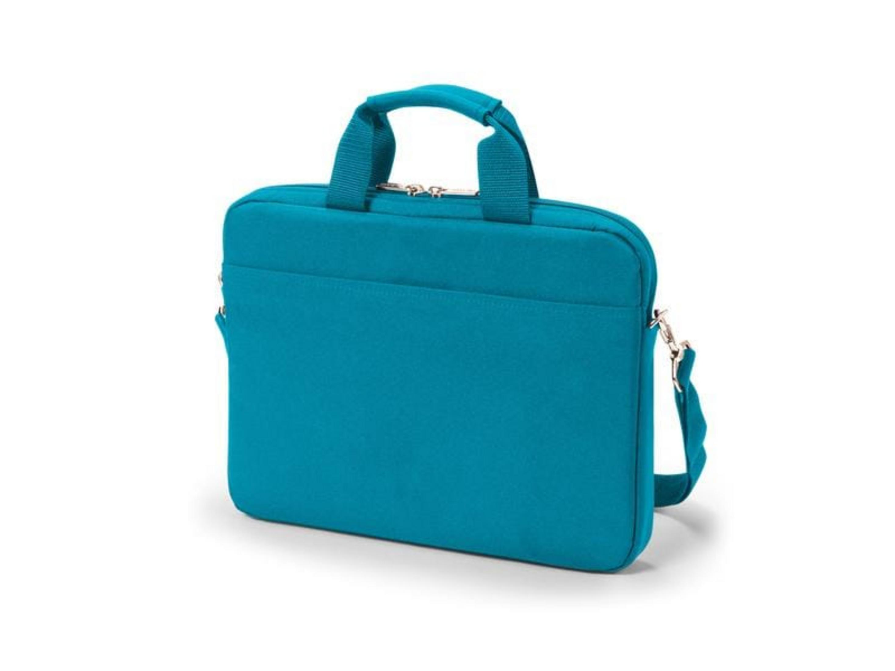 Una borsa blu per laptop con manici e tracolla.