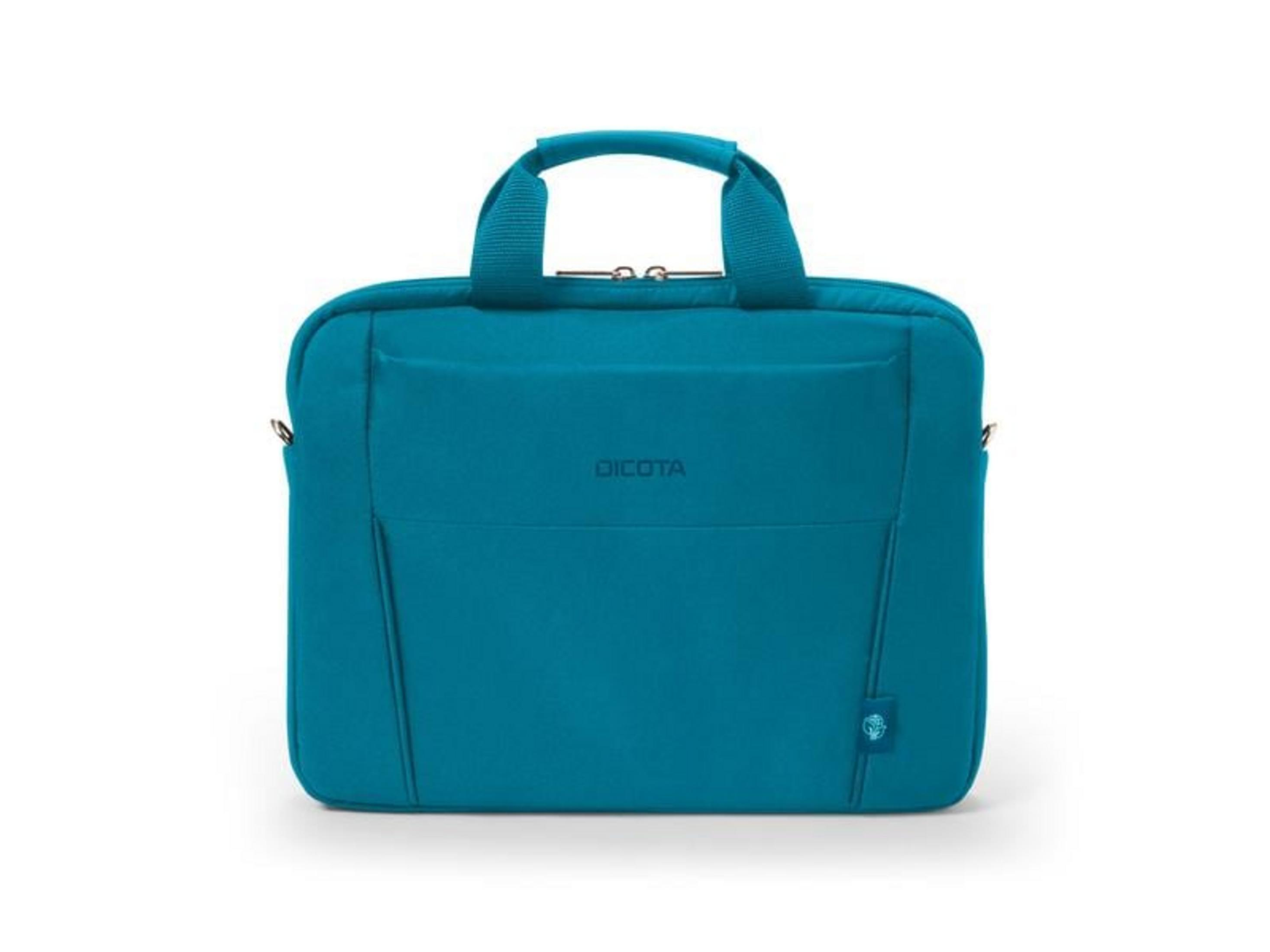Una borsa per laptop color acquamarina con manici e chiusura a zip.
