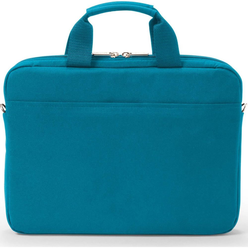 Una borsa per laptop blu con due manici e chiusura a zip.