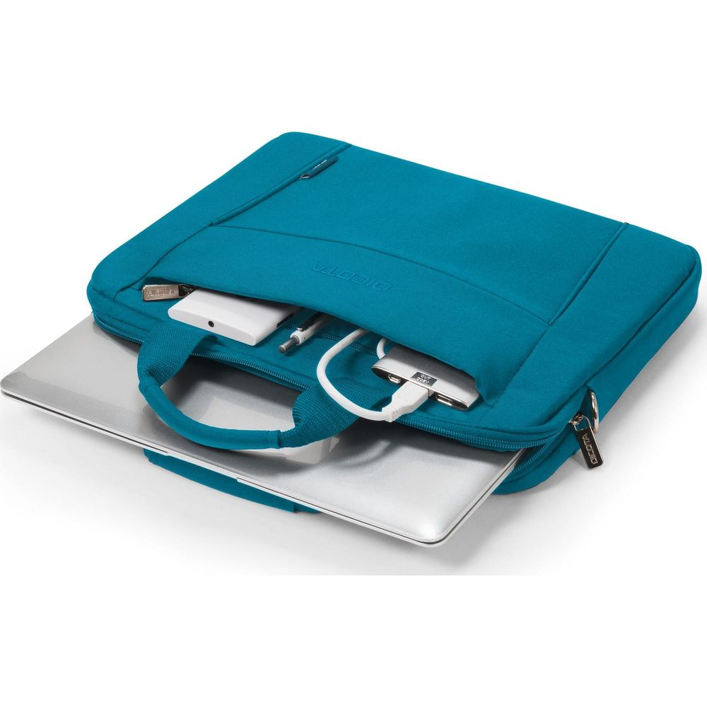 Una borsa per laptop color verde acqua con laptop, smartphone, penna e hub USB