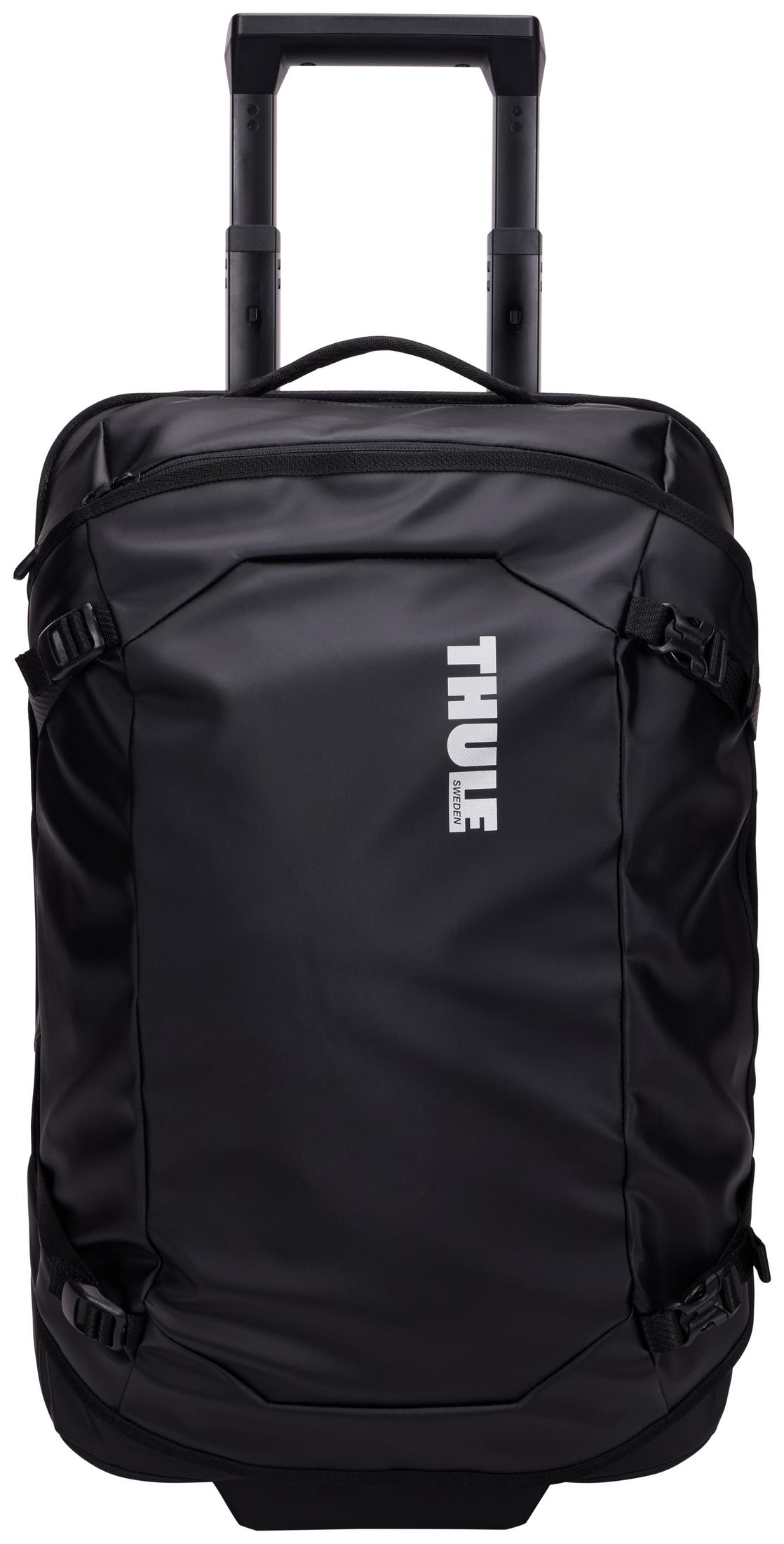 Schwarzer Rollkoffer mit ausziehbarem Griff und Thule-Logo.