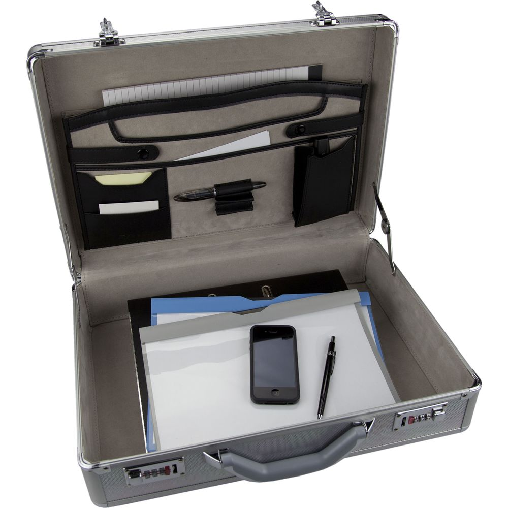 Geöffnete graue Aktentasche mit Organizerfächern, Handy, Stift und Papieren.