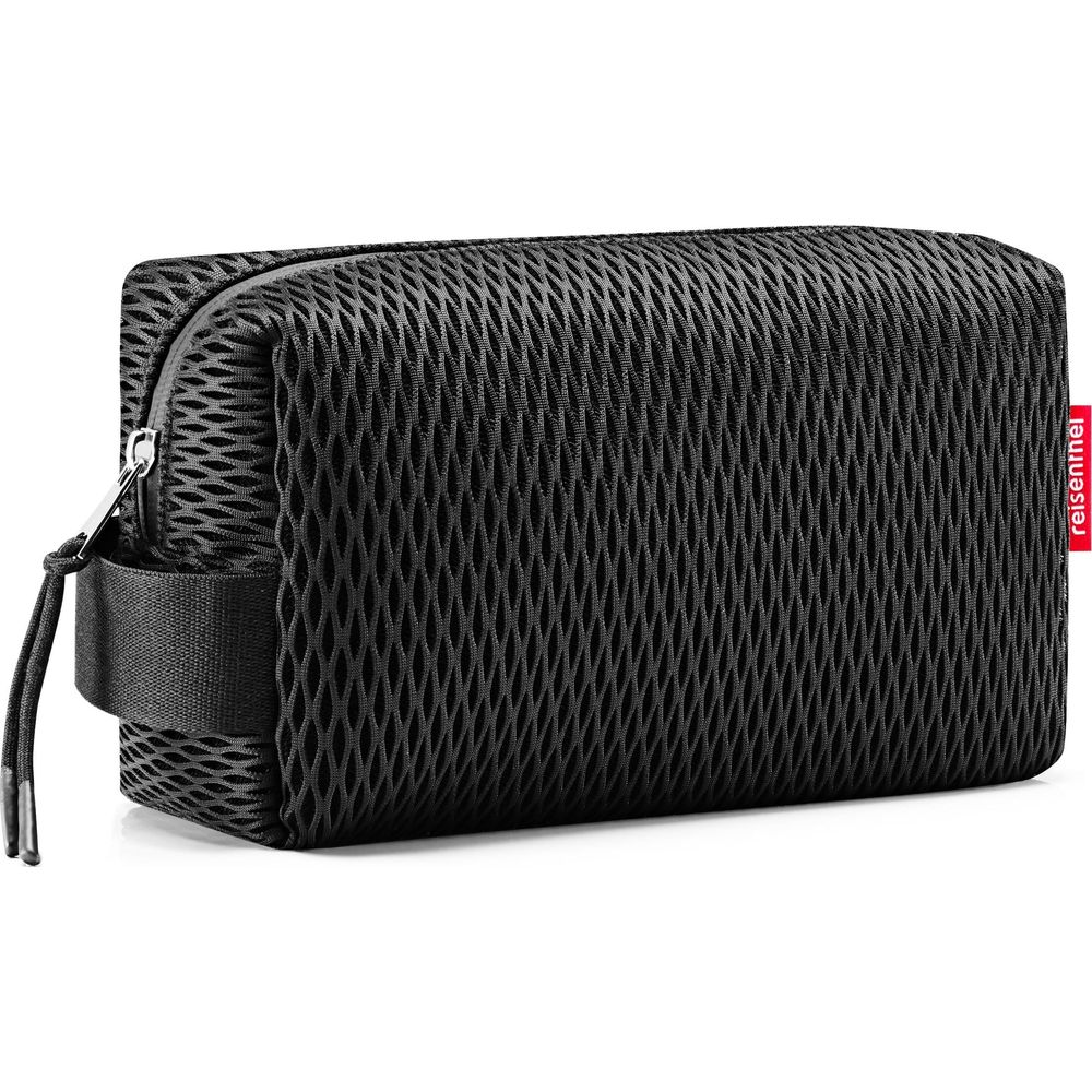 Schwarze Kulturtasche mit Reißverschluss und Schlaufe. Mesh-Oberfläche.