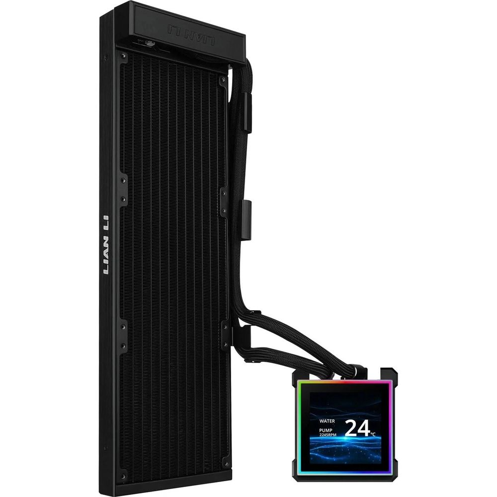 Su sıcaklığını gösteren küçük bir ekrana sahip siyah CPU soğutucu.