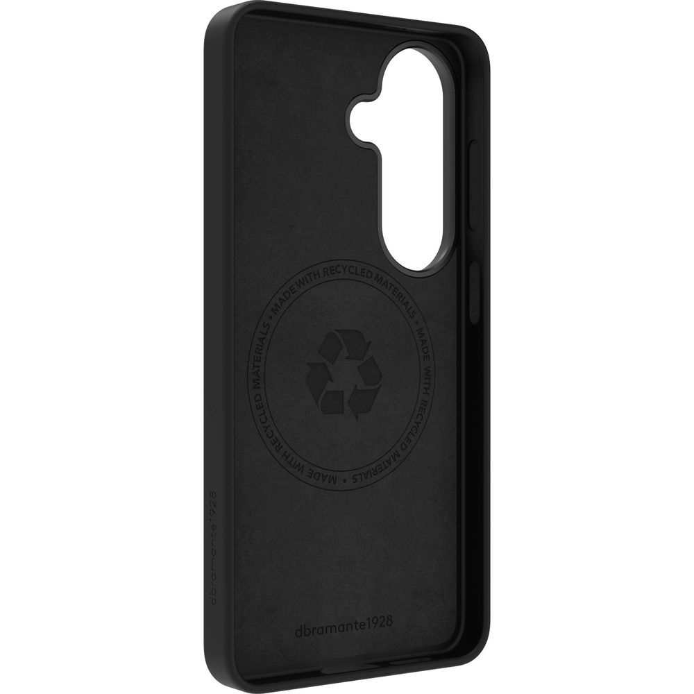 Schwarze Handyhülle aus recyceltem Material mit Logo und Text.