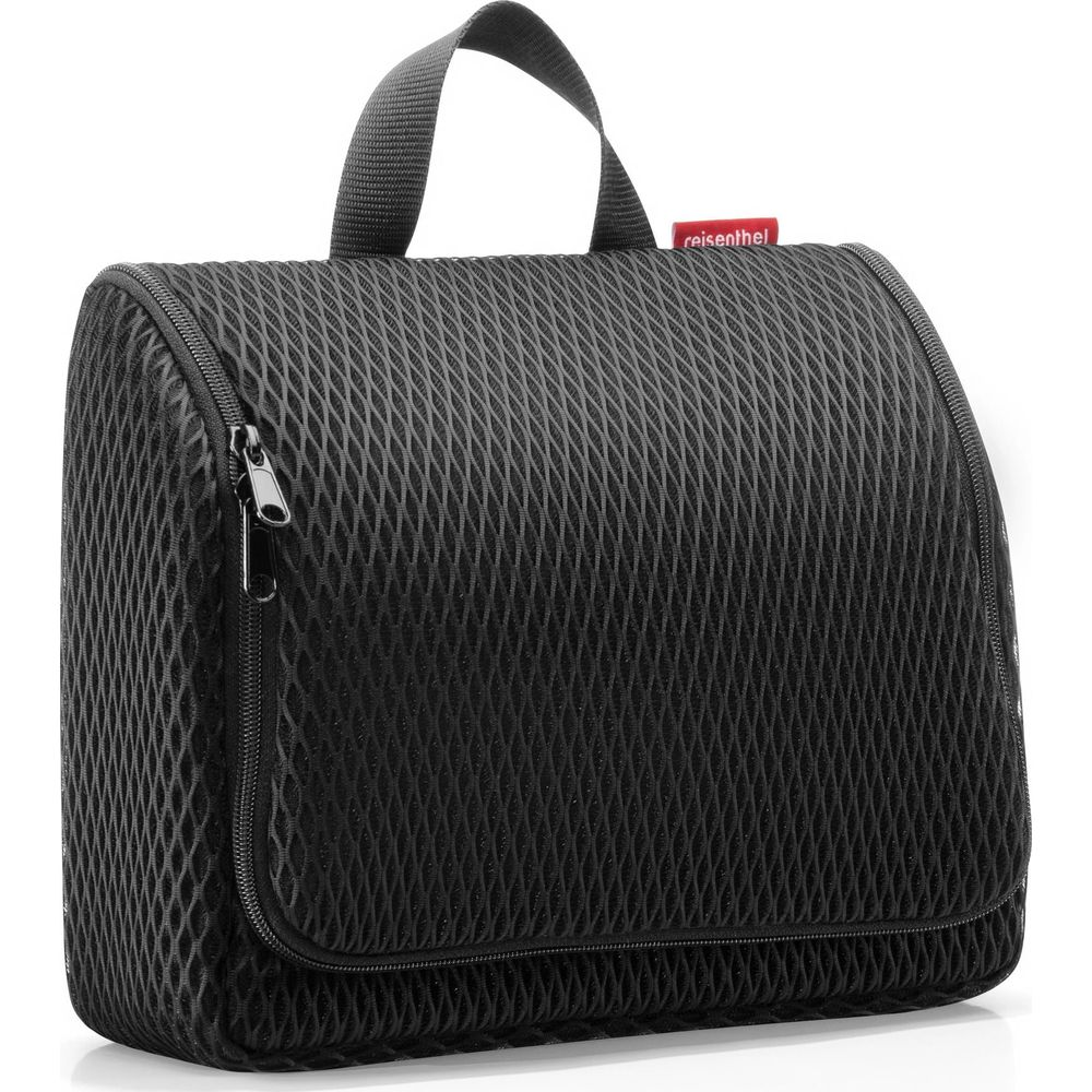 Schwarze Kulturtasche mit Reißverschluss und Griff.