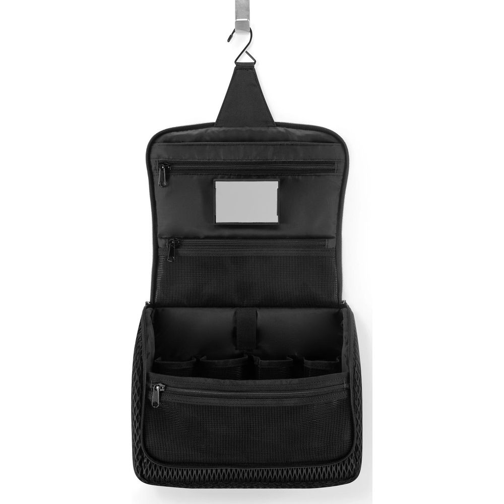 Schwarze Kulturtasche mit Haken zum Aufhängen, offen mit mehreren Fächern.