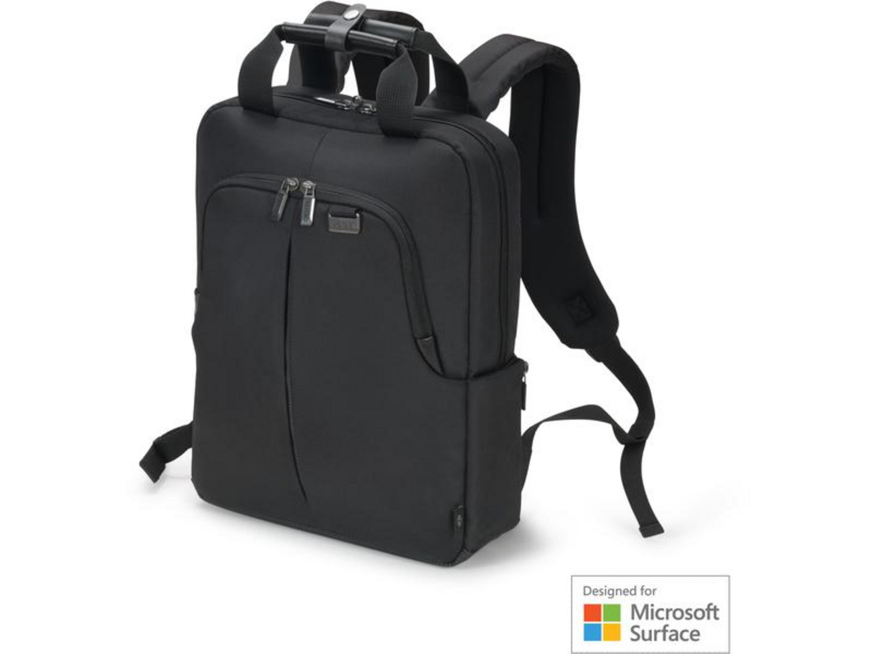 Schwarzer Rucksack mit Reißverschlüssen und einem Microsoft Surface-Logo.