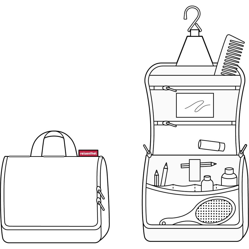 Eine geschlossene Kulturtasche neben einer geöffneten, die Bürste, Stifte und Flaschen zeigt.