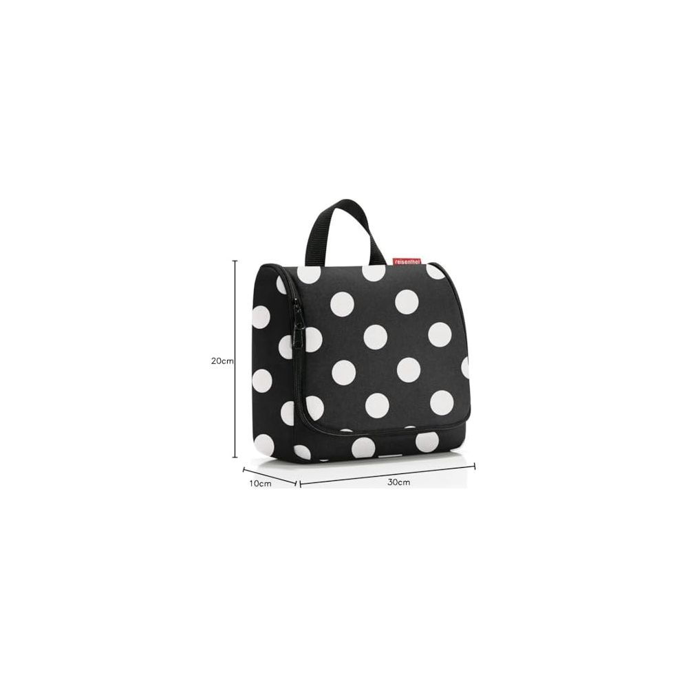 Schwarze Tasche mit weißen Polka-Dots, Maße 20x30x10cm.