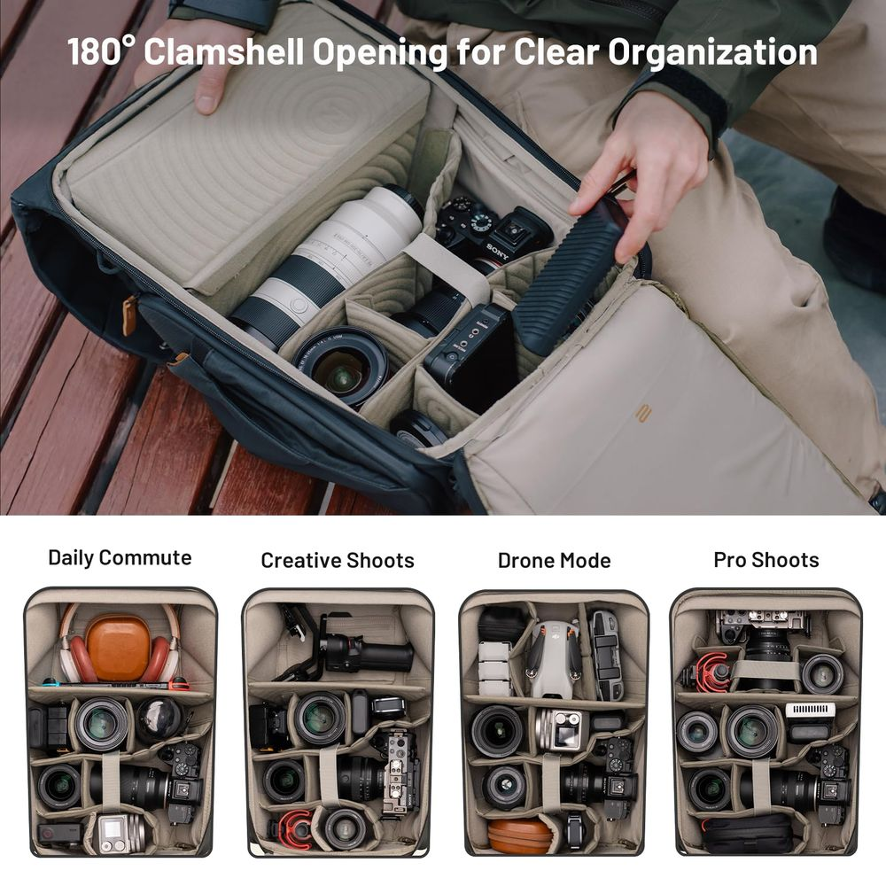 Eine offene Kameratasche mit verschiedenen Fächern für Ausrüstung und darunter vier voll gepackte Taschen.