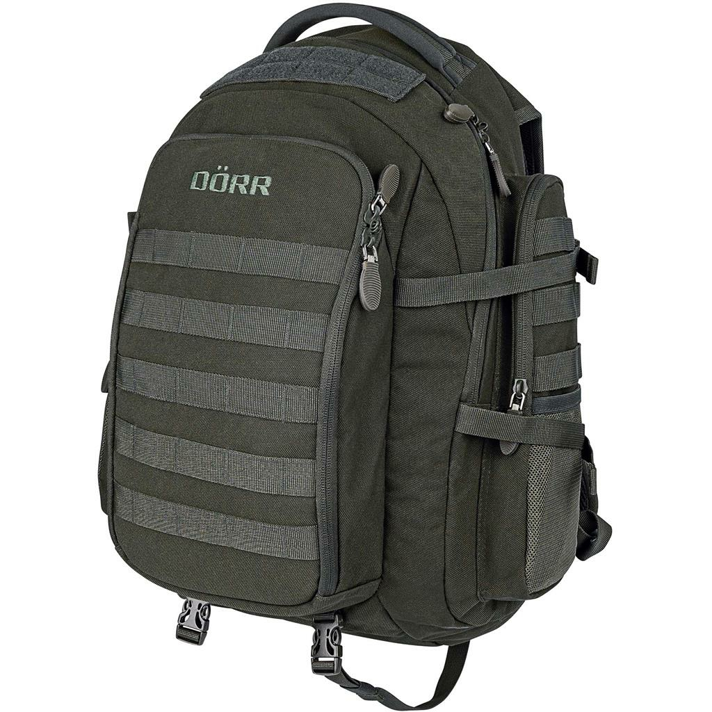 Uno zaino verde scuro con cinghie MOLLE e cerniere.