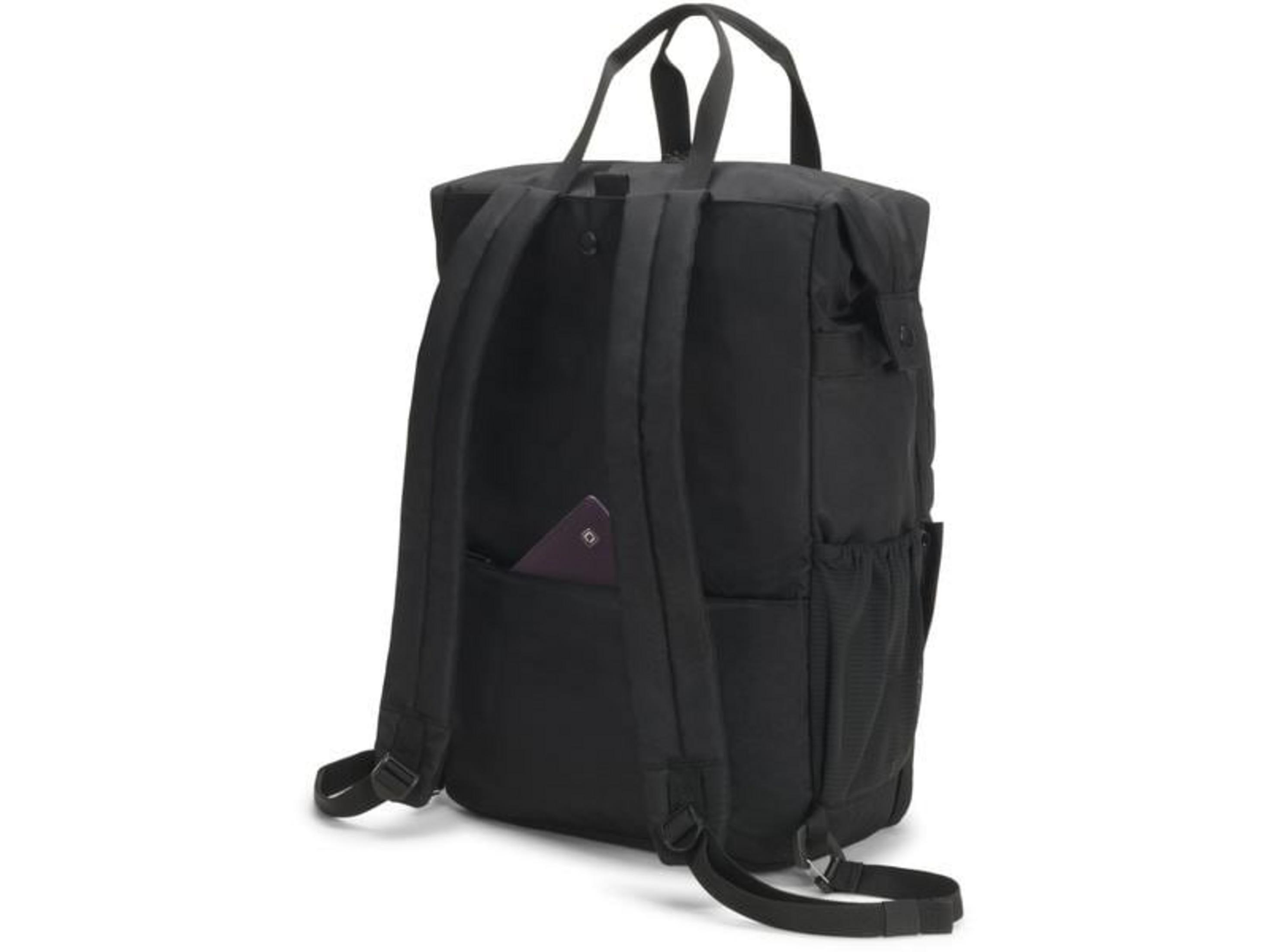 Schwarzer Rucksack mit gepolsterten Trägern und einer Außentasche mit einer violetten Karte.