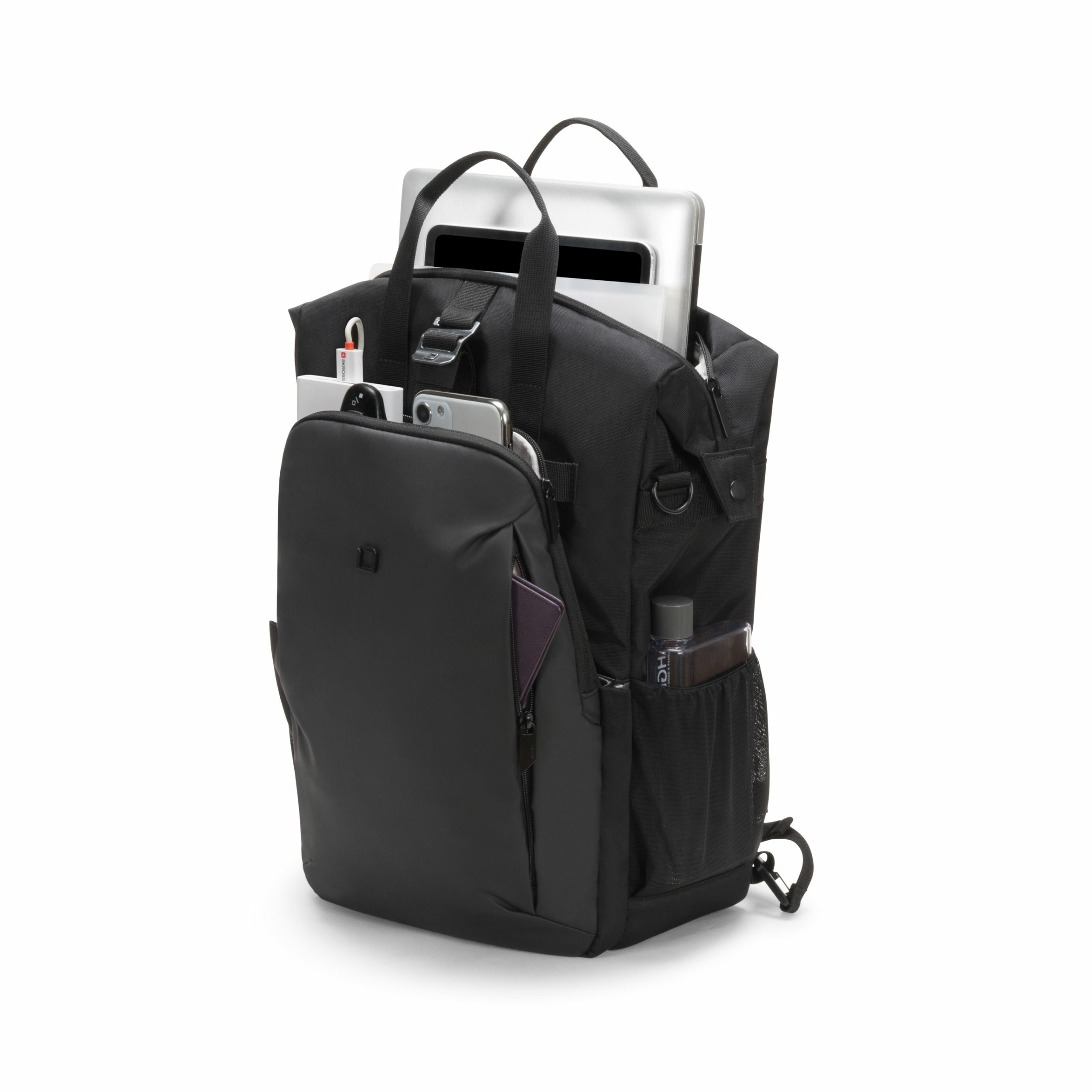 Schwarze Tasche mit Laptop, Handy, Ladegerät und Flasche.