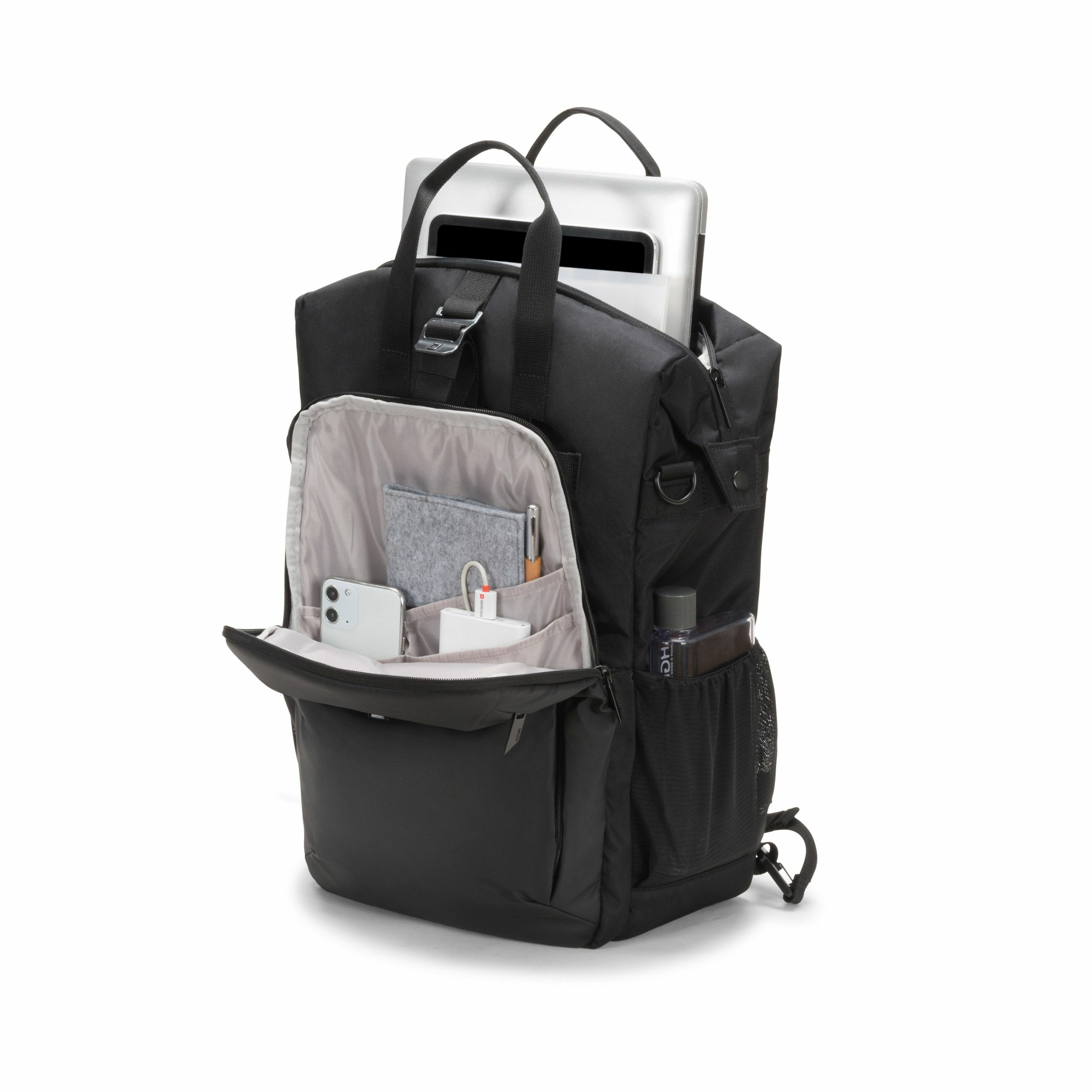 Schwarzer Rucksack mit Laptop, Handy, Powerbank, Stift und Flasche.