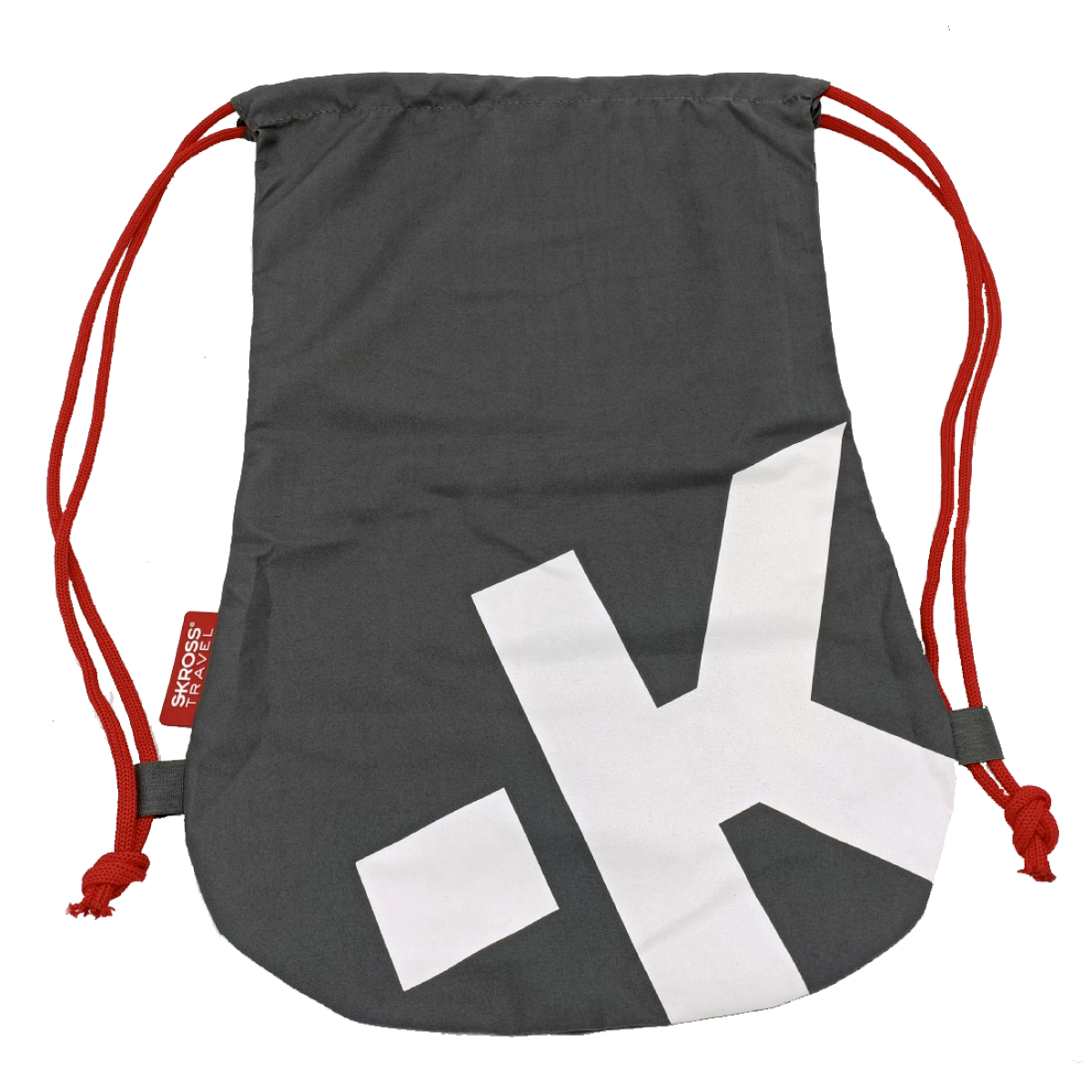 Eine dunkelgraue Kordelzugtasche mit großem weißem K-Logo und roten Kordeln.