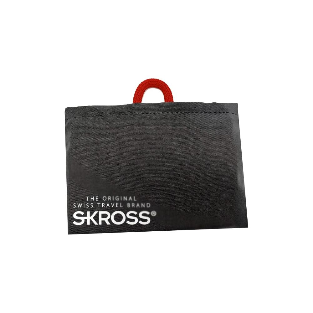 Schwarze Tasche mit rotem Henkel und SKROSS-Logo. Original Swiss Travel Brand.