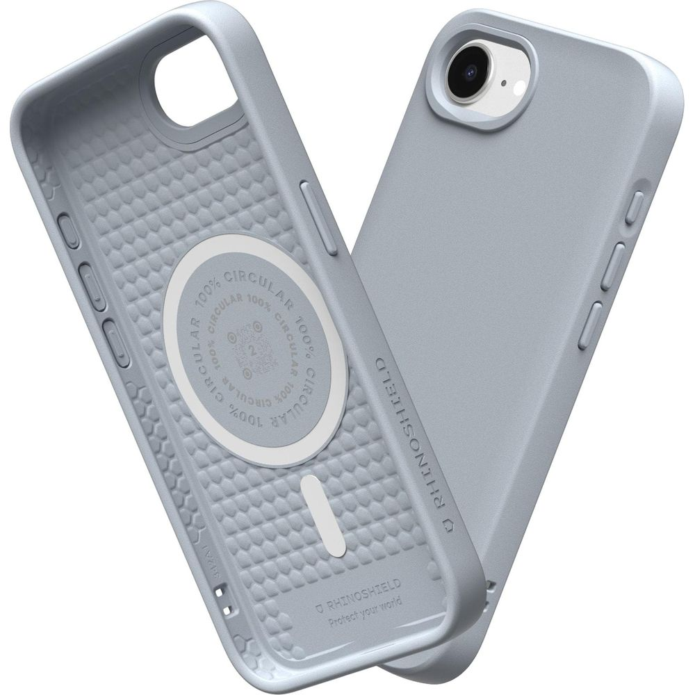 Twee lichtgrijze telefoonhoesjes. Eén is open en toont de binnenkant.