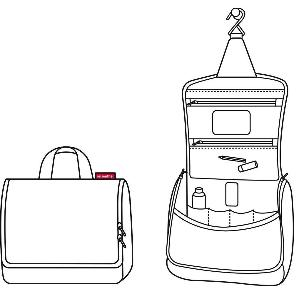 Eine geschlossene Reisetasche und ein offener Kulturbeutel mit Haken zum Aufhängen.