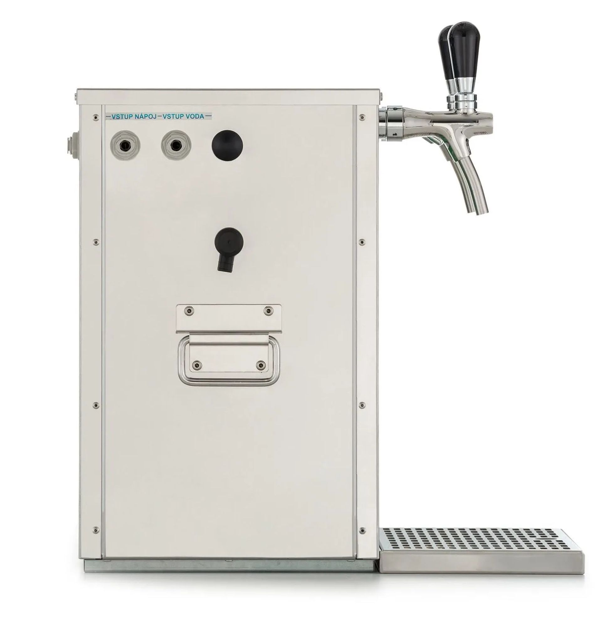 A silver beverage dispenser with two taps, a black handle, and a drip tray.