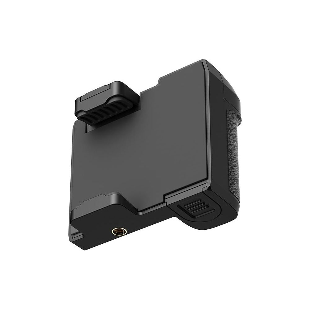 Zwarte cameragrip met smartphonehouderbevestiging, op witte achtergrond.
