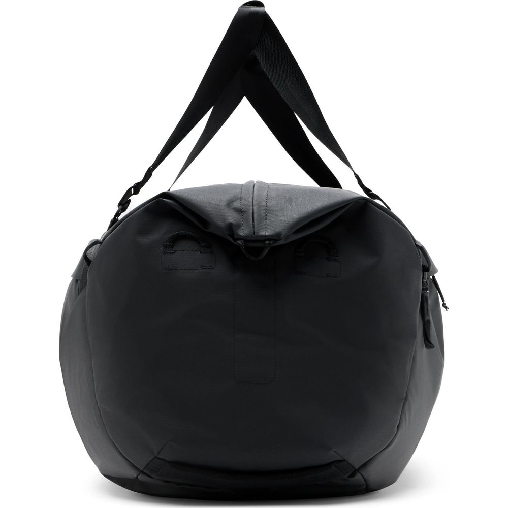 Black duffel bag with straps, shown from the front on a white background.