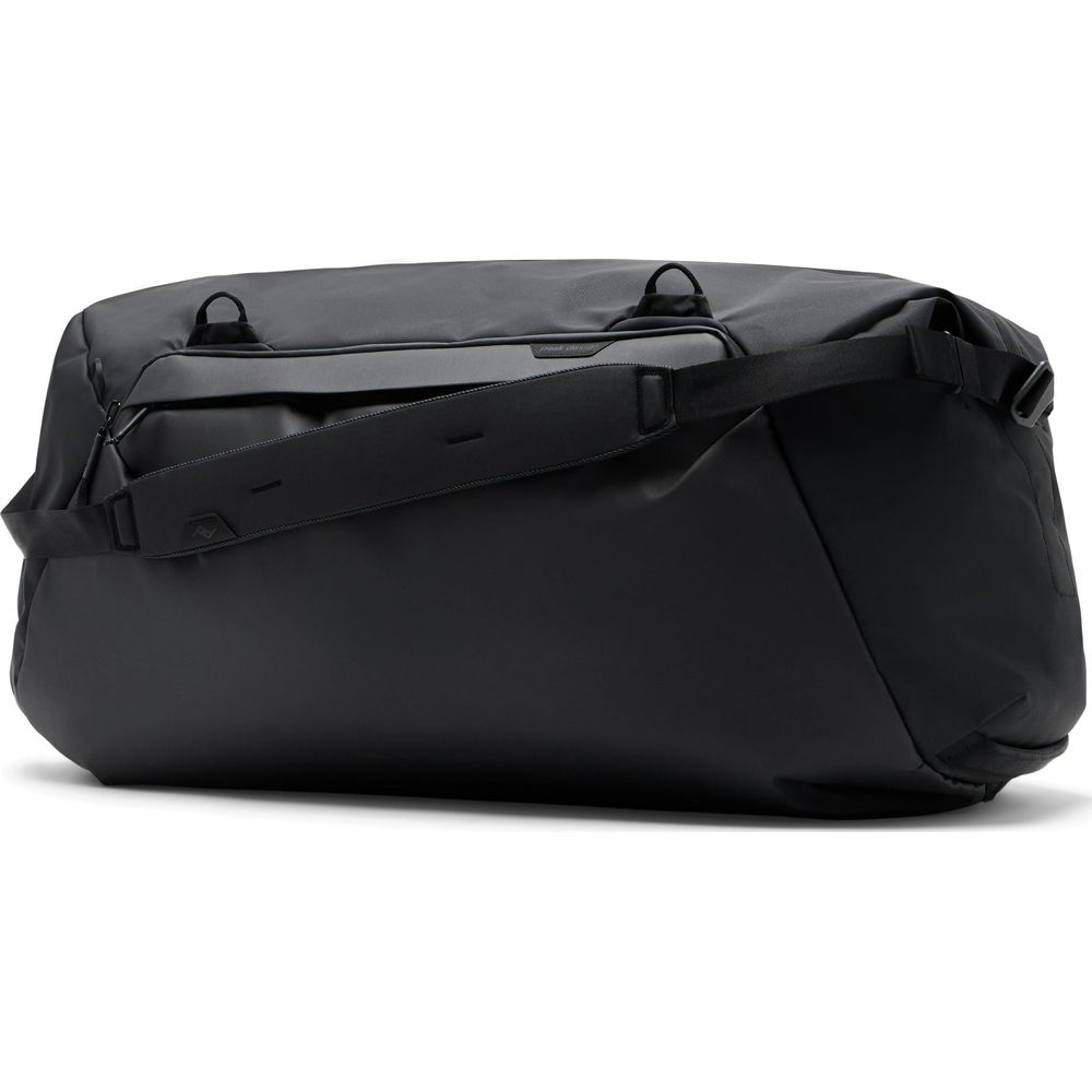 A black duffel bag with a shoulder strap and handles, set against a white background.