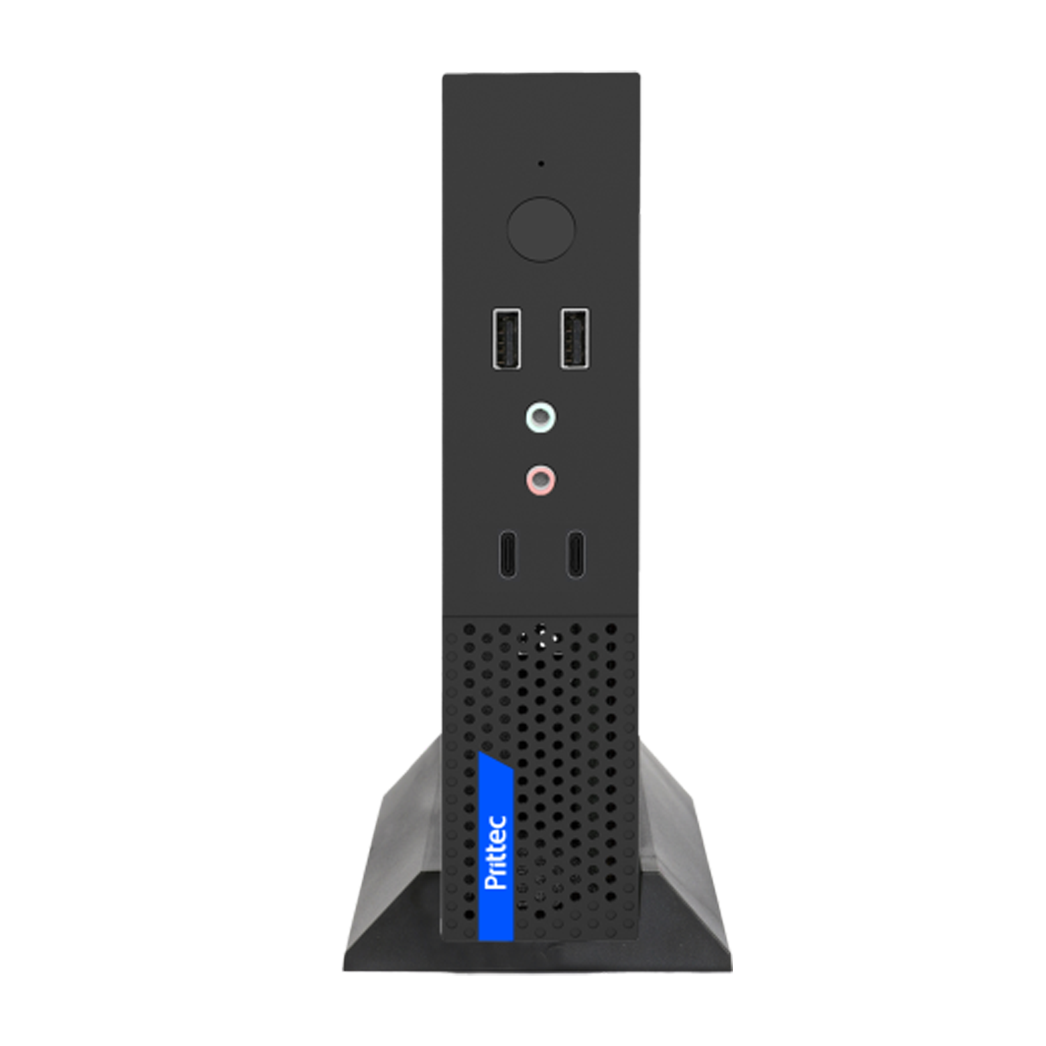 Siyah bir mini PC, ön bağlantı noktaları ve mavi etiketli siyah bir stant üzerinde duruyor.